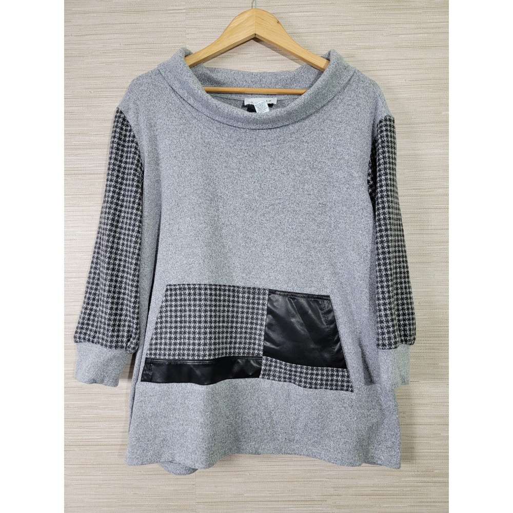 Joseph Ribkoff Womens Tunic Top Gray Houndstooth Faux Leather Trim Size 22
